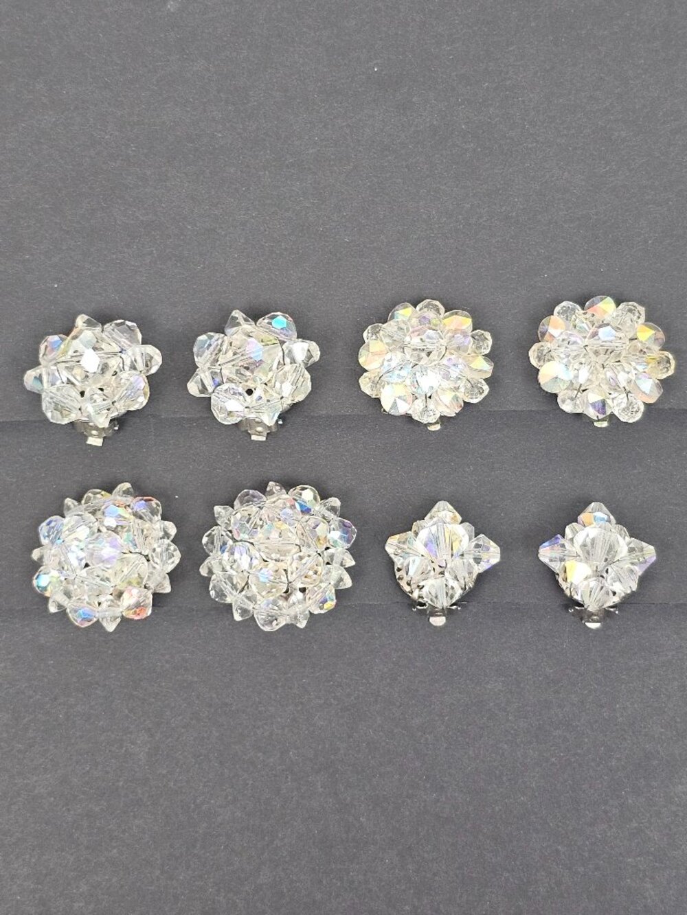 Vtg Crystal Glass Clear AB Aurora Borealis Cluster Clip On Earring 4 Pair Lot 97